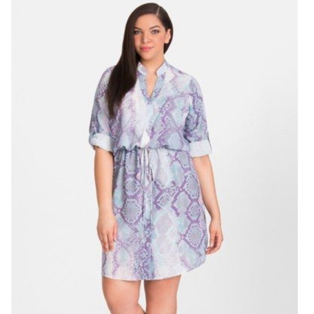 Mynt  1792 snakeskin print 3/4 sleeve shirt dress elastic waist blue purple 2X